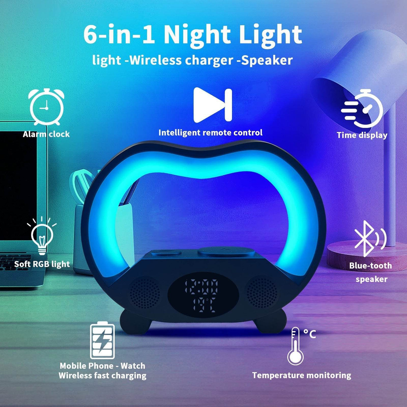 2024 New 6 In 1 Smart Remote Control Bluetooth-compatible Ambience Intelligent LED Table Lamp Multi-function Wireless Charger Night Light Bluetooth-compatible Speaker - ZEEKO.AE