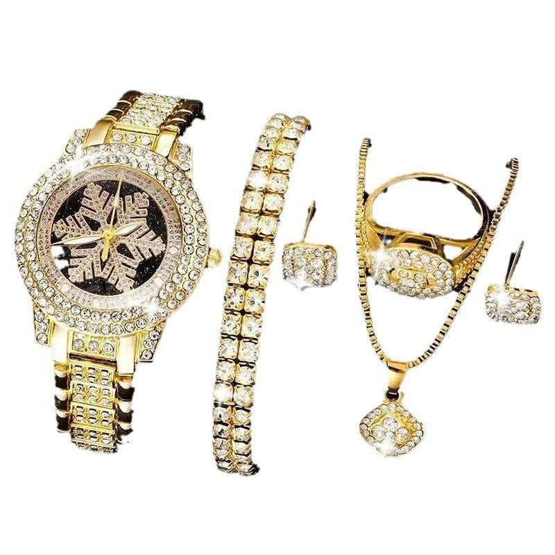 Snowflake Pattern Watch Luxury Full Rhinestone Jewelry Five-piece Set - ZEEKO.AE