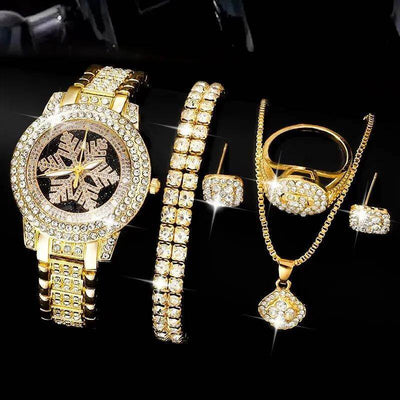 Snowflake Pattern Watch Luxury Full Rhinestone Jewelry Five-piece Set - ZEEKO.AE