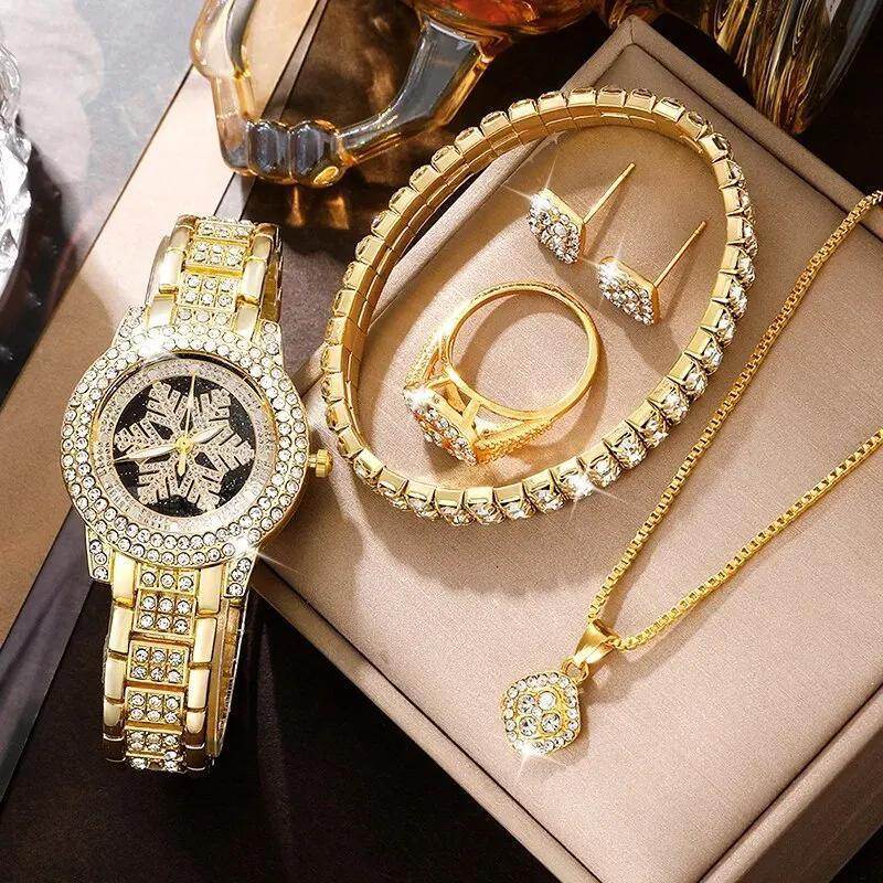 Snowflake Pattern Watch Luxury Full Rhinestone Jewelry Five-piece Set - ZEEKO.AE