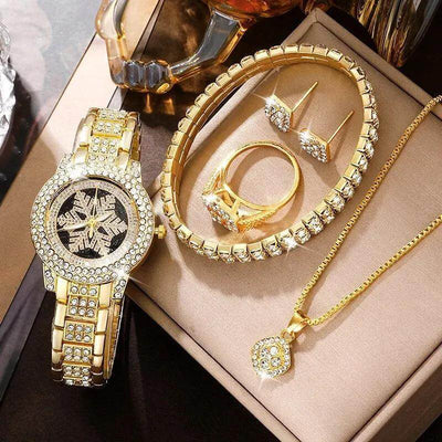 Snowflake Pattern Watch Luxury Full Rhinestone Jewelry Five-piece Set - ZEEKO.AE